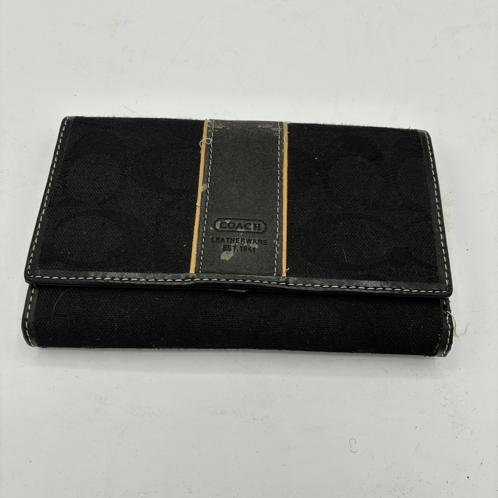 Coach Signature Stripe Trifold Checkbook Wallet Black Leather